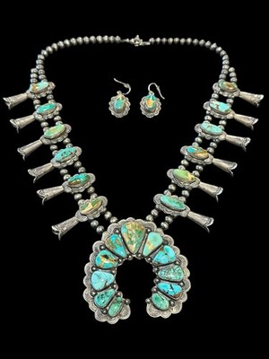 Native American Turquoise Squash Blossom Sterling Silver Necklace Earrings 26 