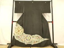 Japanese Kimono Black Tomesode Embroidery Shosoin Calico Flower Gold Pure Silk