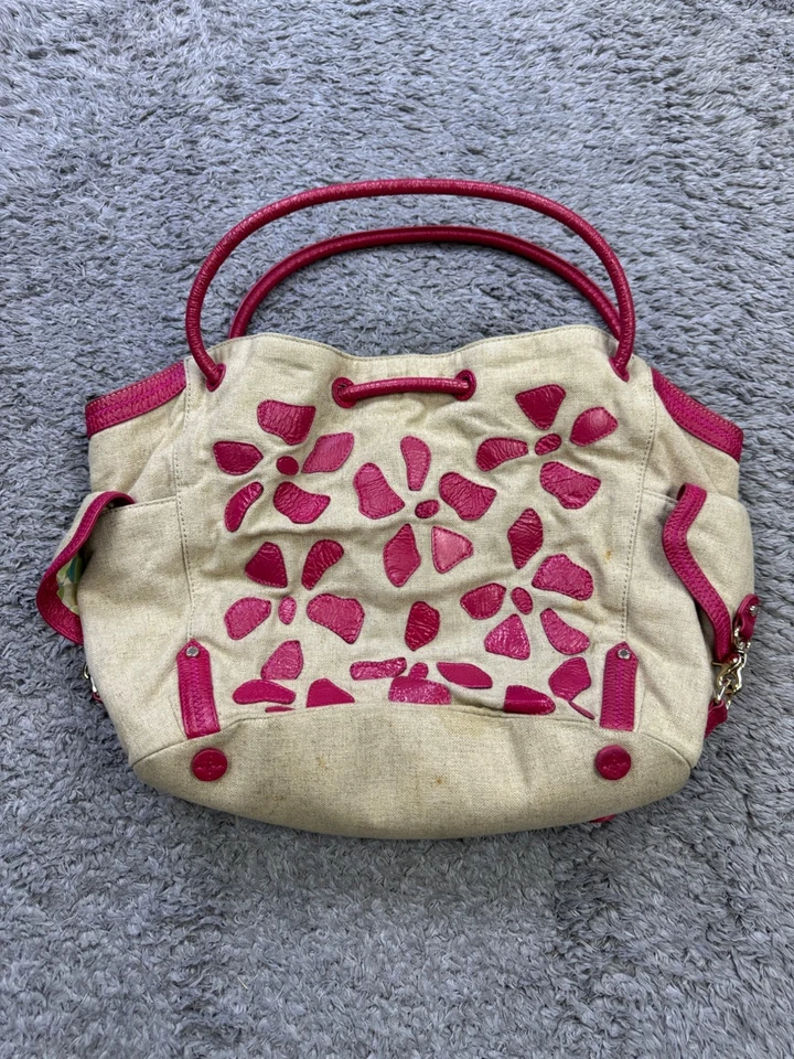 Sigrid Olsen Handbag Fuchsia Leather Strap Canvas Messenger Satchel Tote Purse - Image 2 of 4