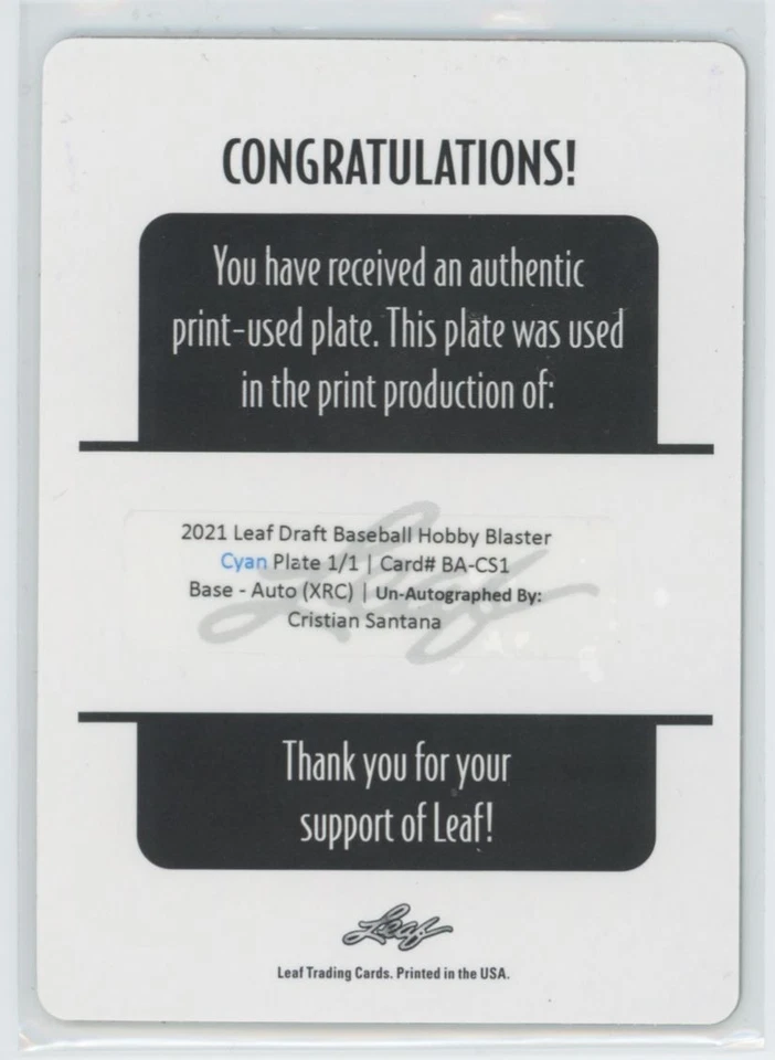 2021 Leaf Metal Draft cyan plate 1/1 Cristian Santana Rookie #BA-CS1 - Image 2 of 2