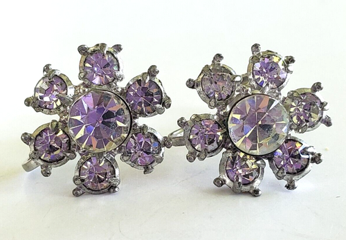 Vintage Nemo Clear Rhinestone Flower Silver Tone Screw Back Earrings 5/8" - Picture 3 of 5