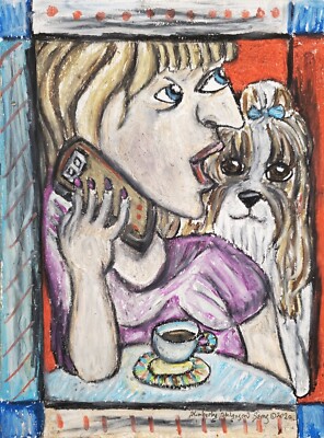 Shih Tzu Woman on Phone Cafe Art Print 11 x 14 Signed Collectiblle Vintage Style