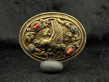 Rare VINTAGE Tibetan Brass Handmade Belt Buckle With Turquoise And Coral Stone