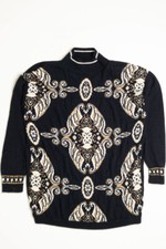 Vintage Beldoch Popper 80s Black Sweater Large Geometric Print Knit