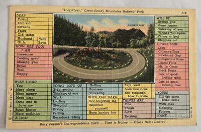Linen Postcard Busy Persons Correspondence Loop Over Grear Smoky Mountains W20