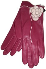 Women's Leather Floral Design Gloves Fuchsia Size- Medium