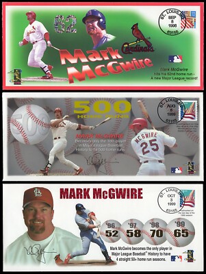 MARK MCGWIRE HOME RUN SET OF 3 COMMEMORATIVE ENVELOPES/COVERS POSTMARKED BY USPS