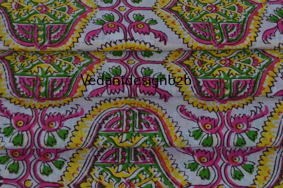 5 Yard Indian Hand Block Cotton Multicolor Geometric Print Handcrafted Fabric - Image 2 of 4