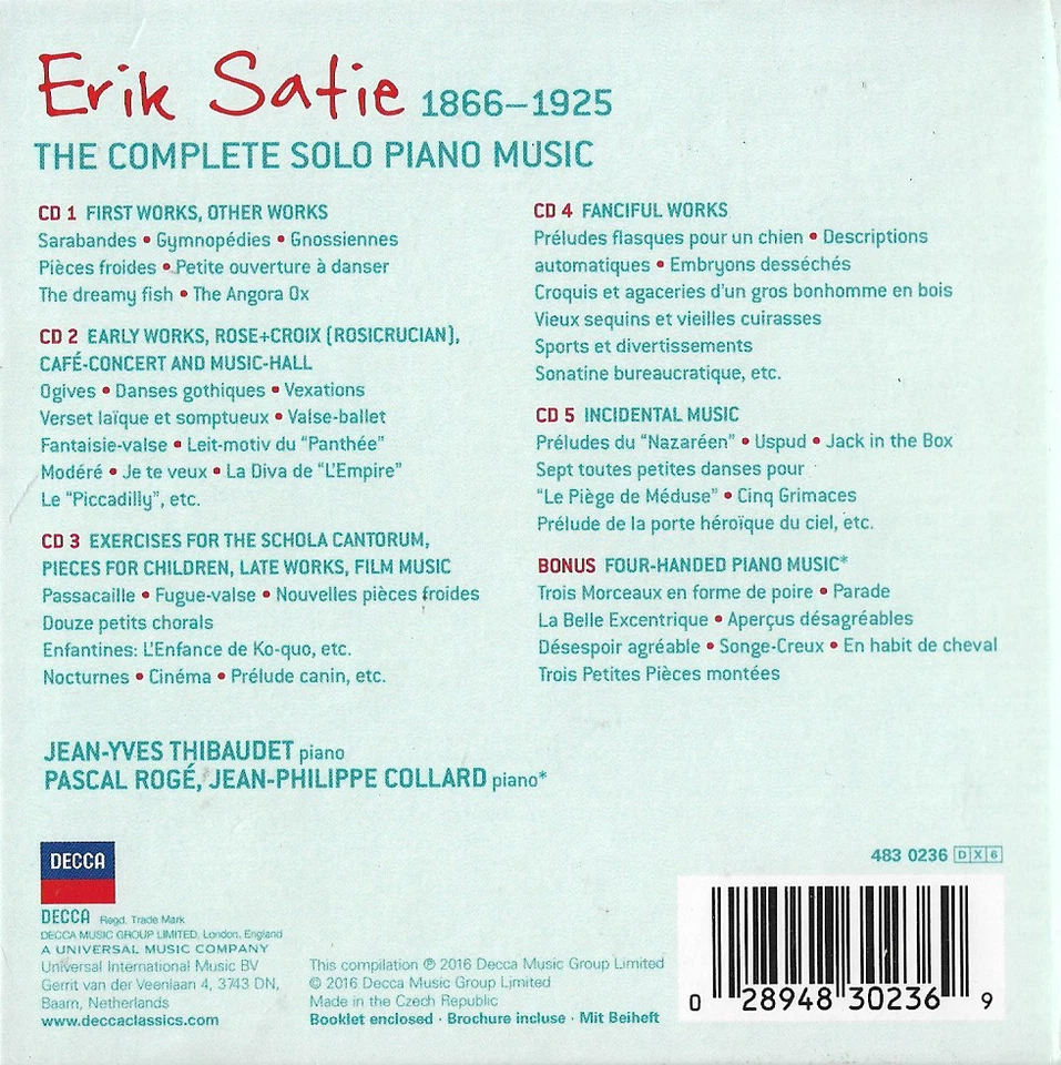 ERIK SATIE The Complete Solo Piano Music JEAN-YVES THIBAUDET 6CD Box Set - Image 2 of 4