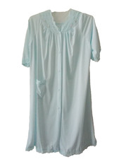 VTG SHADOWLINE 100 Nylon Pale Blue Lace Trim Button Front House Coat Robe Sz S