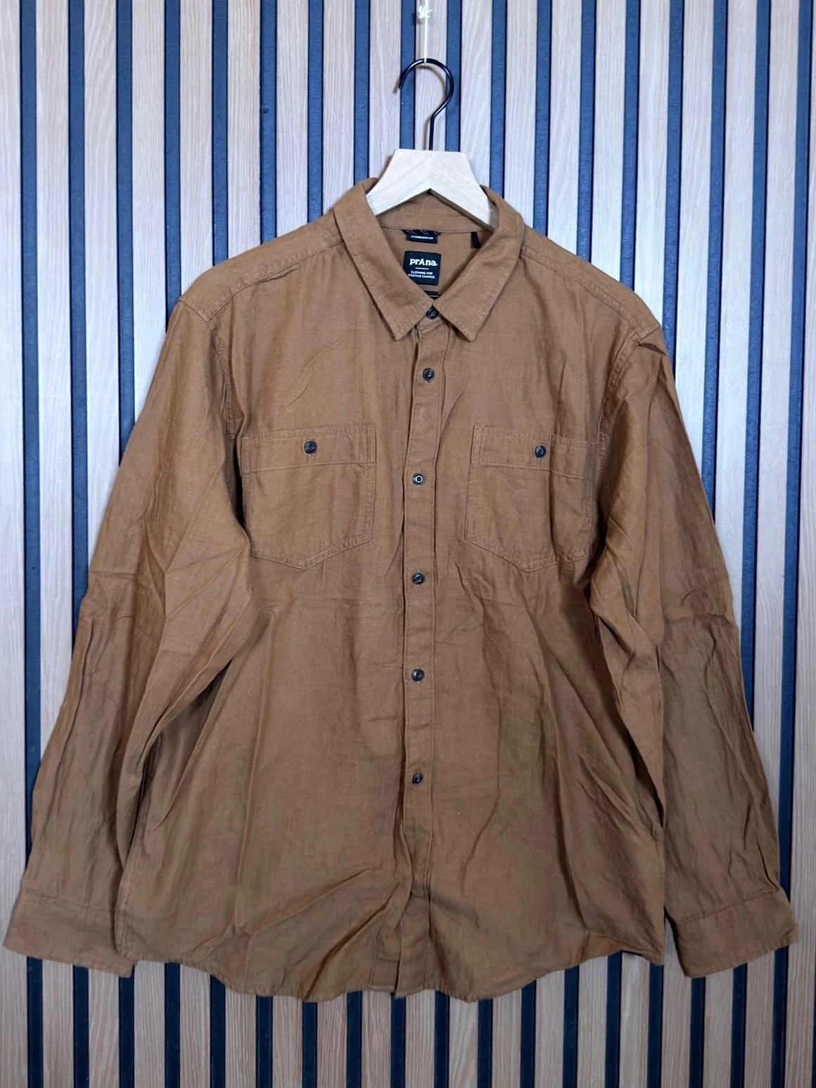 Prana Shirt Large Mens Brown Long Sleeve Standard Fit 100% Organic Cotton Casual