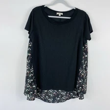 Umgee Size Small Floral Back Mixed Media Short Sleeve Tunic Top Boho Casual