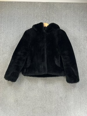 Sandro Jacke Damen Größe 34 UK 6 schwarz Kunstfell Kapuze Crop Teddy flauschig