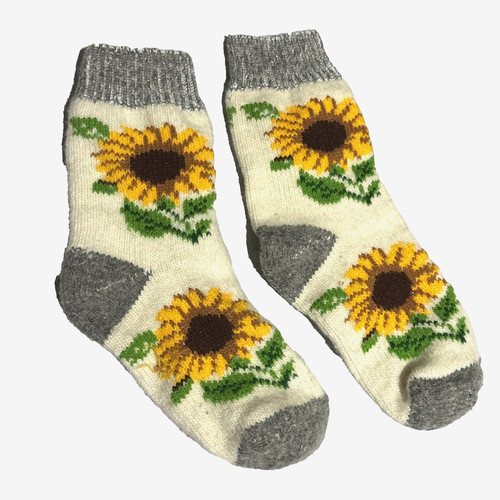 Vintage Sunflower Knit Socks Handmade Multicolor Grandma Cottage Nature Art OSFA