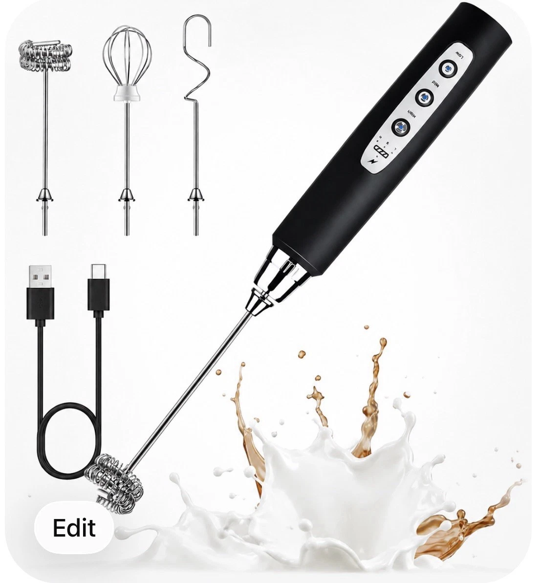 YUSWKO Black Handheld Milk Frother Wand for Coffee, Rechargeable Electric Whisk