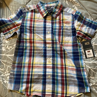 New US Polo Assn Kids Plaid Short Sleeve Button Down Shirt Size M (8) Blue Red
