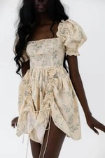 NWT $395 Selkie The Villa Mini Romantics Dress Floral Peach Ruched Drawstring XS