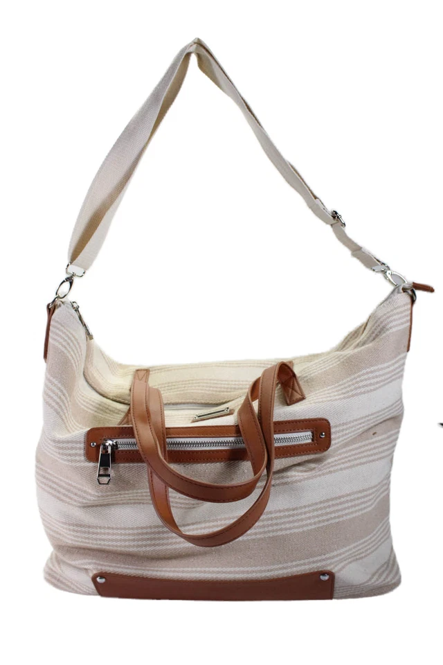 Bolso de hombro grande Madden Girl para mujer con cierre de cremallera a rayas beige blanco Foto 4 de 4