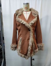 Women’s Brown Faux Suede Wrap Coat with Faux Fur Collar & Cuffs