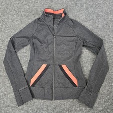 Prana Gray Full Zip Athletic Jacket Coral Trim Thumbholes Womens Medium
