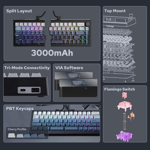 Clavier EPOMAKER Split65 sans fil Tri Mode Connect RGB QMK/VIA - commutateur flamant rose - Photo 2/7