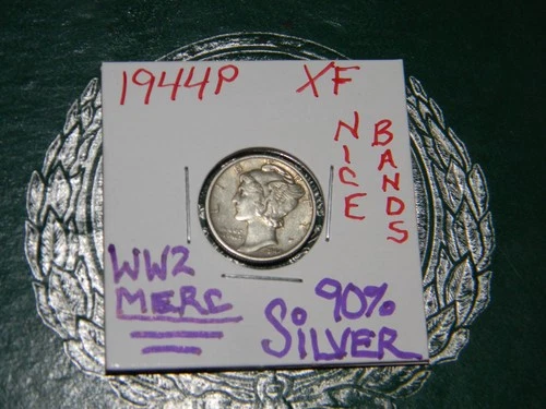 1944 P Mercury 90% Silver{X-FINE} WWII Dime, Nice Bands, Top & Bottom-Nice Wings