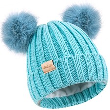 Kids Winter Beanie Hat Warm Ski Caps with Pompom Fleece Lined Childrens Knit ...