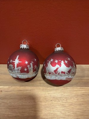 2 Vintage Scene of Bethlehem Glass Christmas Tree Ball Ornament Red SH1