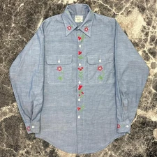 Vintage JC Penney Big Mac Chambray Shirt Mens Medium 70s Embroidered Flowers