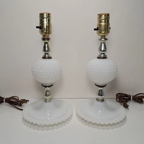VTG Milk Glass Hobnail Pair Of 12" Vanity Boudoir Table Lamps Work No Shade READ