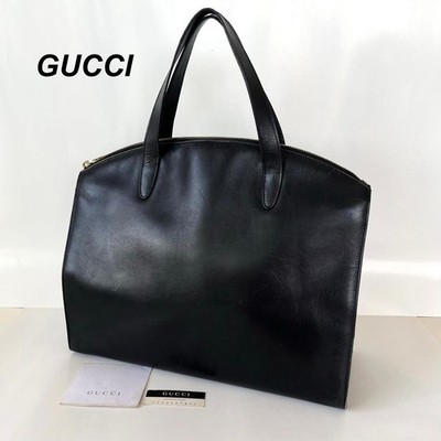 GUCCI Solid Tote Hand Bag Ziplock Leather Black Gold Hardware Vintage #3348