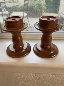 Vintage Pair of Ozark Walnutware Turned Wood Candle Holders