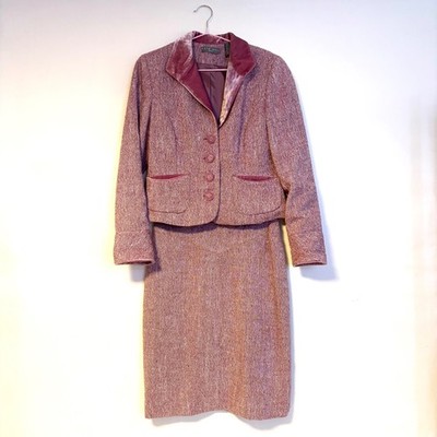Kate Hill Wool Blend Matching Two Piece Skirt Set Blazer Skirt Brown Pink 8 P