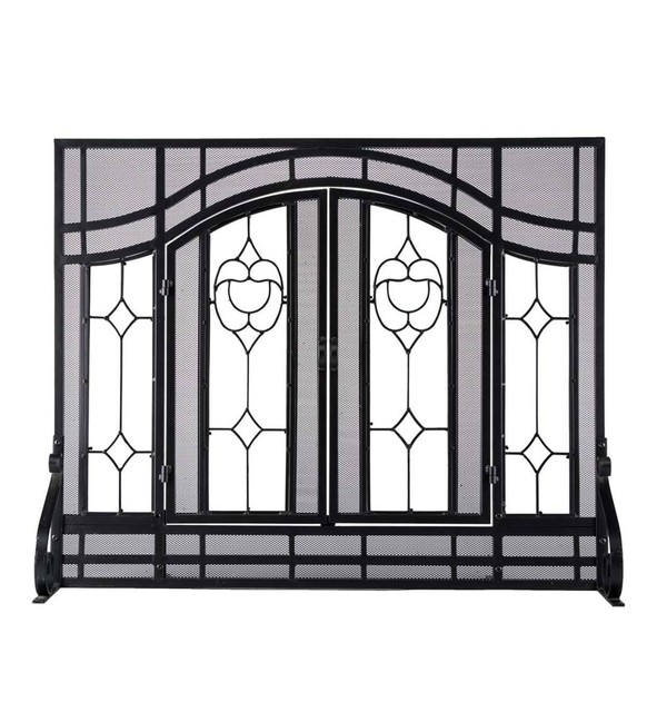 Plow Hearth Floral Small Fireplace Screen With Doors Tempered