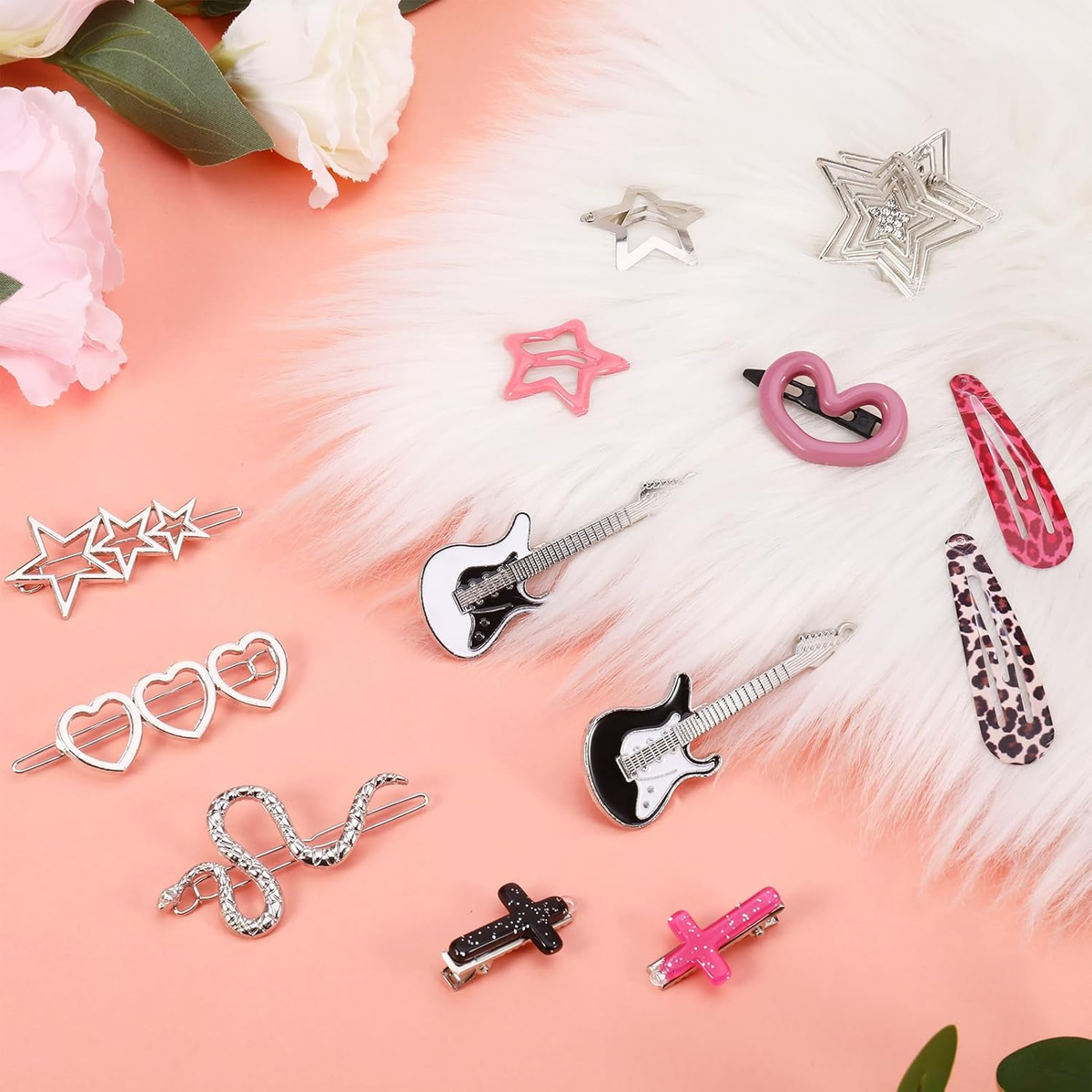 22 Pcs Y2K Pink Hair Clips Set Kawaii Hair, Love Star Cross