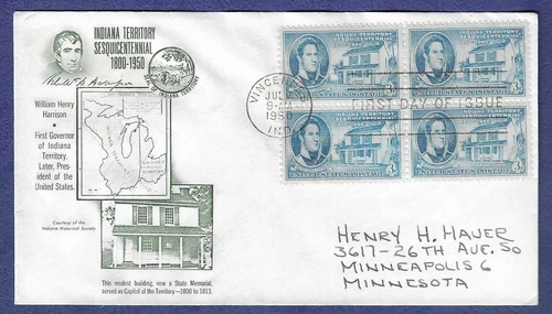 1950 FDC Indiana Territory Sesquicentennial issue Fulton cachet #996 block of 4