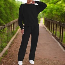 Womens Black Tracksuit Lounge Wear Warm Cotton Set Thick Round Neck Size Small
