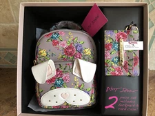 Betsey Johnson Kitsch Mini Bunny Backpack Dog? Grey Floral Heart & Card Case NWT