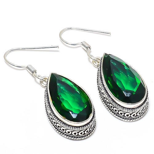 Lab-Created Emerald Quartz Gemsotne Silver Plated Earring 1.77" s814 - Picture 3 of 7