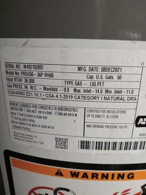 Rheem Prog50-36P Rh60 Propane Gas Residential Gas Water Heater, 50 Gal.,  36,000 | eBay