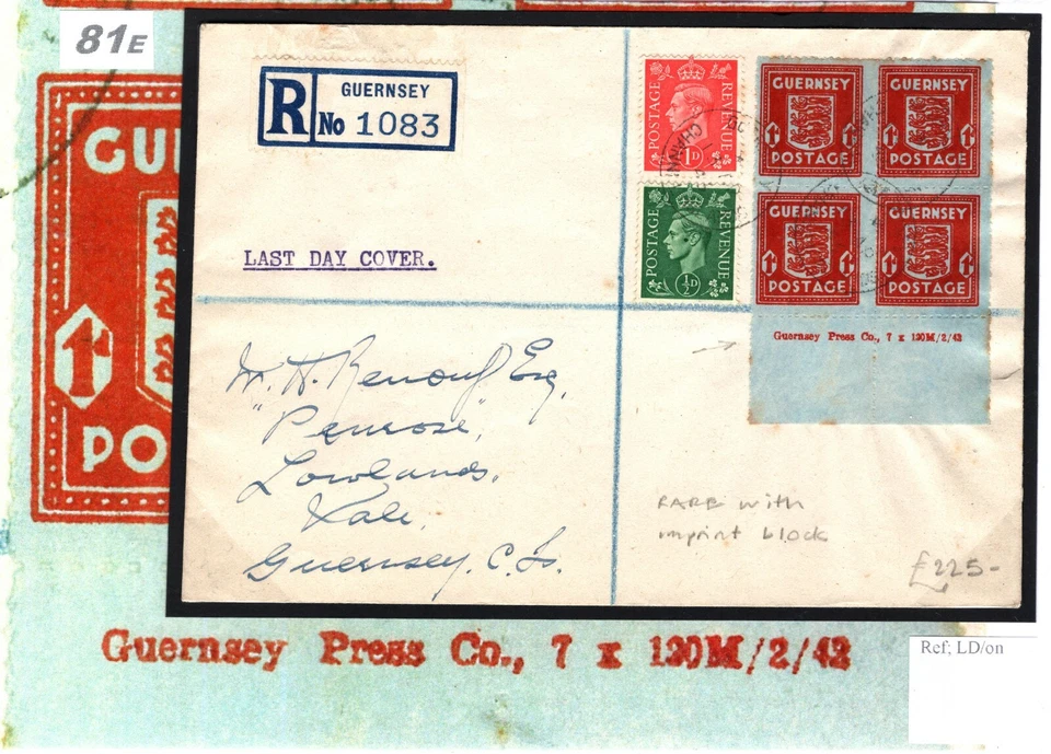 GB WW2 Channel Islands GUERNSEY Cover *Banknote Paper* 1d IMPRINT BLOCK{4} 81e - Image 2 of 4