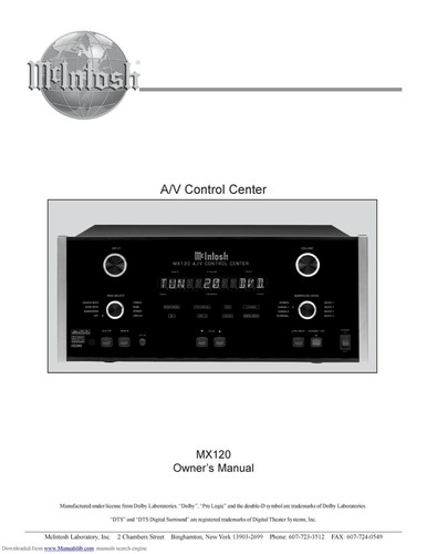 Owner's Manual For McIntosh MX 120