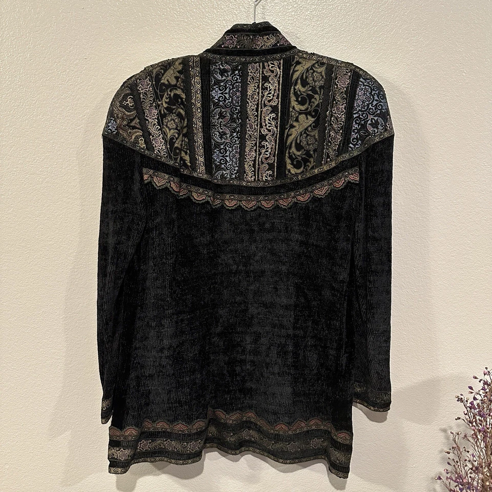 Roberto Cavalli Black Chenille Paisley Painted Leather Trim Duster Jacket XS - Image 3 of 4