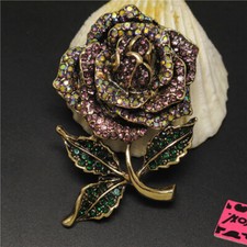 New Fashion Women Purple Crystal Enamel Vintage Rose Flower Charm Brooch Pin
