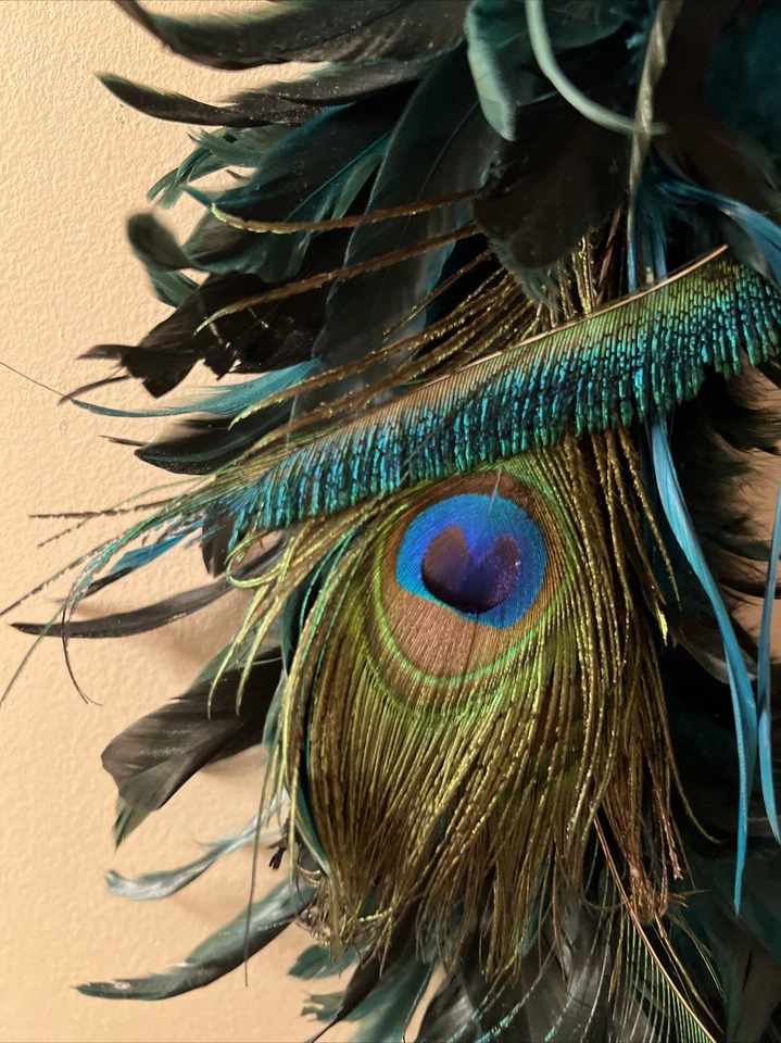 Feather Wreath Black Feather green Peacock Feather Accents 17" blue decor wall - Image 2 of 4