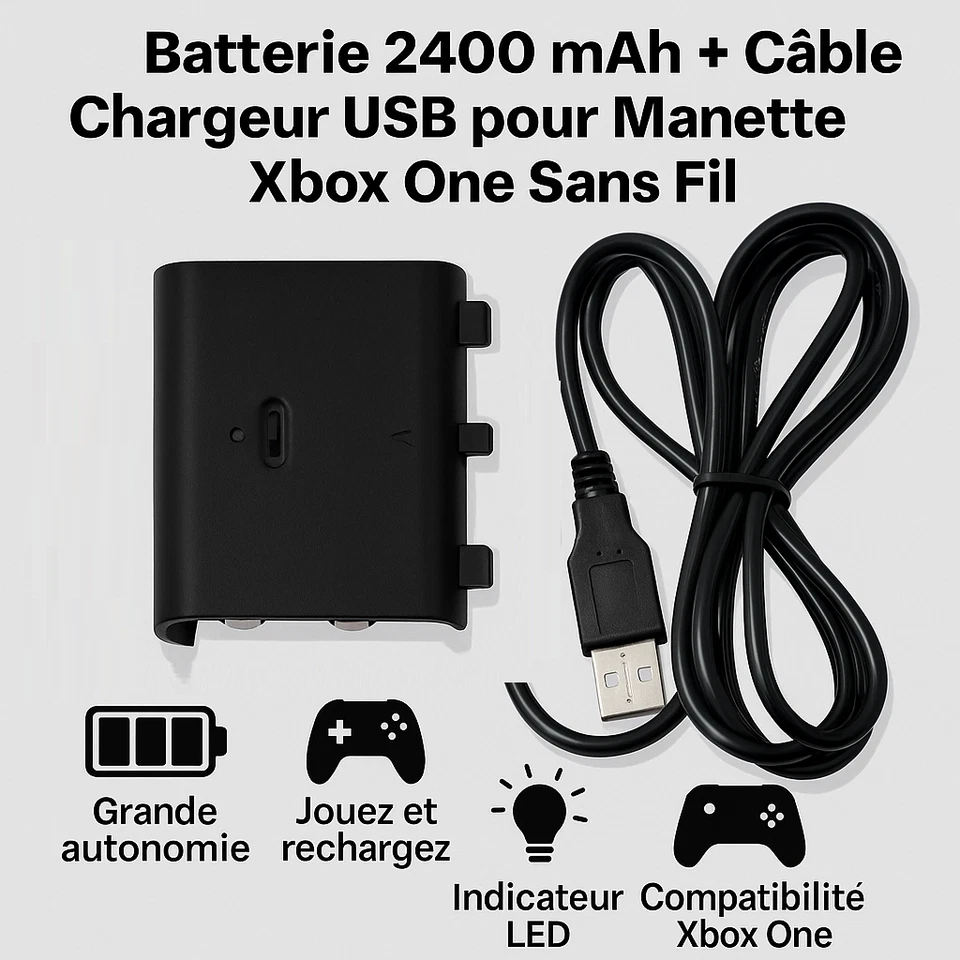 Batterie 2400 mah + Câble chargeur USB pour Manette sans fil Xbox One GENCA-30 - Photo 3/4