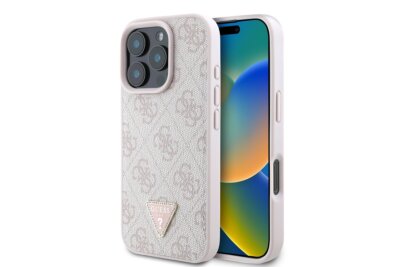 GUESS Case iPhone 16 Pro Max Strass Triangle Logo Hülle Cover rosa
