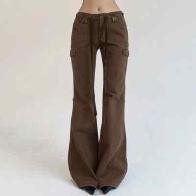 Vintage Style 2000s Y2k Grunge Fairycore Brown Low Rise Flare Cargo Jeans S-M