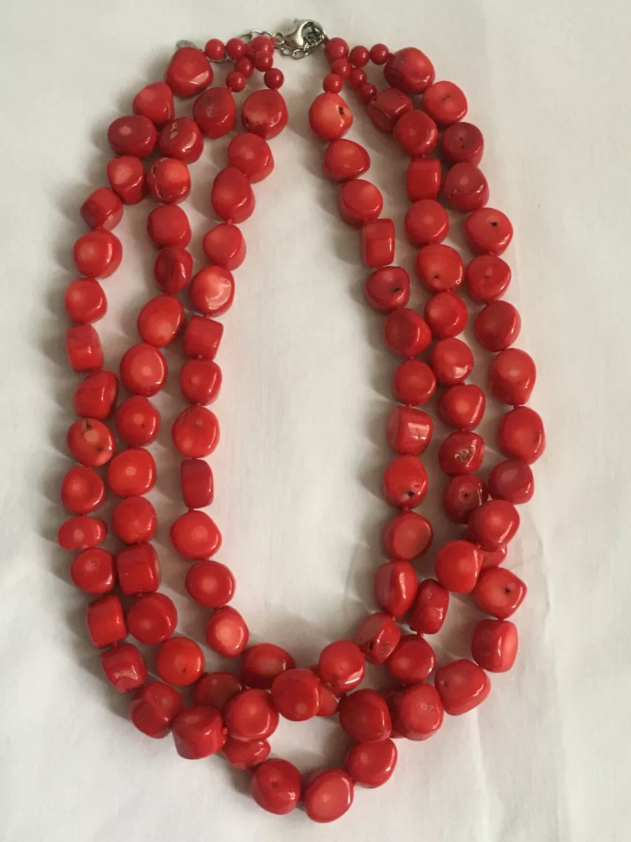 THREE STRAND BEADED Genuine RED CORAL GEMSTONES STERLING SILVER