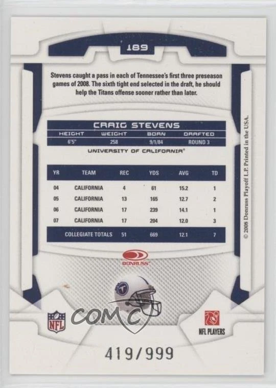 2008 Leaf Rookies & Stars Longevity Rookie /999 Craig Stevens #189 RC - Image 2 of 2